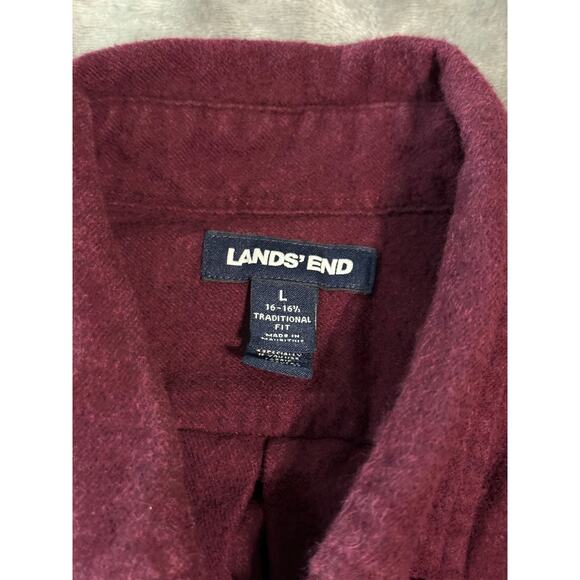 Lands'‎ End Men Size Large 16-16 1/2 Flannel Button Shirt Burgundy Long Sleeve - Picture 3 of 7